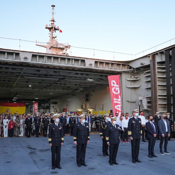 His Majesty King Felipe V (C), Sir Russell Coutts, SailGP CEO (2nd Right) and Maria del Mar de Ros, CEO of Spain SailGP Team (R) and Spain SailGP Team and New Zealand SailGP Team behind them aboard Navy Frigate Santa Maria. Spain SailGP, Event 6, Season 2 in Cadiz, Andalucia, Spain. 8th October 2021. Photo: Thomas Lovelock for SailGP. Handout image supplied by SailGP