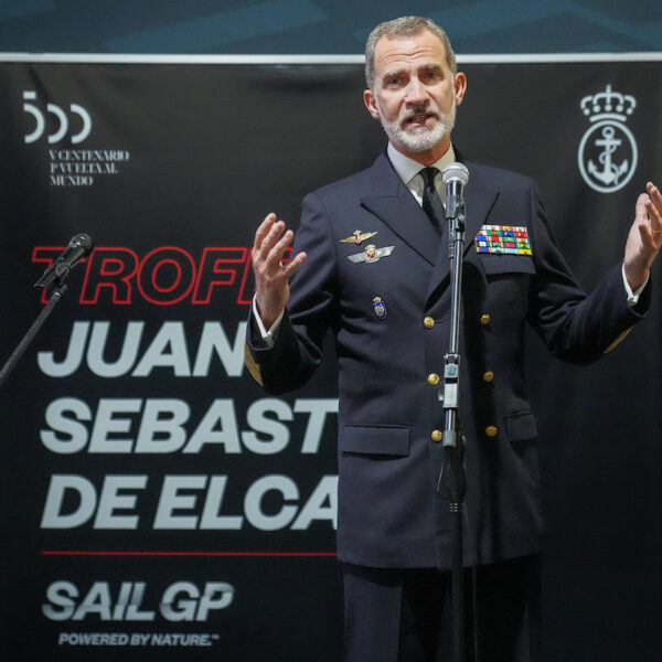 His Majesty King Felipe VI speaks while aboard Frigate Santa Maria. Spain SailGP, Event 6, Season 2 in Cadiz, Andalucia, Spain. 8th October 2021. Photo: Thomas Lovelock for SailGP. Handout image supplied by SailGP